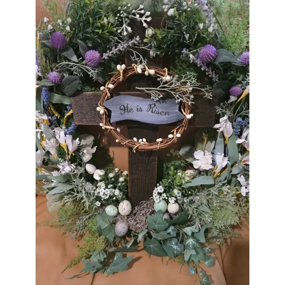 Handmade Easter He Is Risen Wreath Spring Wooden Cross 21